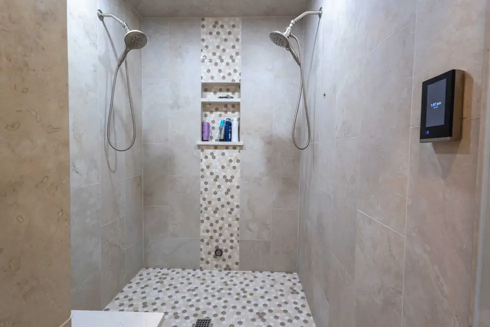 Bathroom with a double shower, finished by the Fisher Construction crew